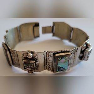 VTG Taxco Mexico Aztec Warrior Abalone MOP Panel Bracelet Wide Cuff Silver 52g
